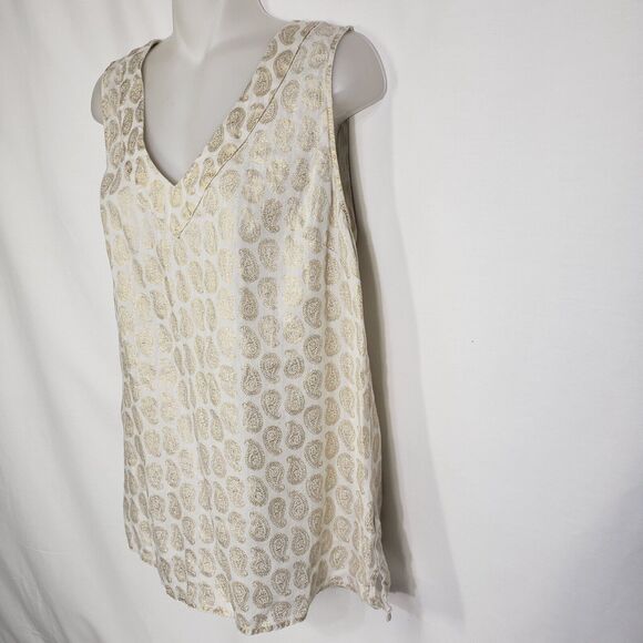 St. Tropez West Womens Tank Top Medium 100% Linen V Neck Ivory Gold Paisley - Picture 5 of 8